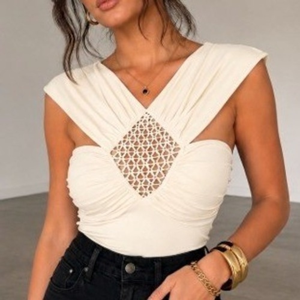 Robert Rodriguez Ivory Gathered Crochet Cutout Stretch Blouse Glam Rave Club L